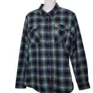 DIXXON The Pende Jo Shirt Pearl Snap Close Women's Large Blue Green Yellow Plaid